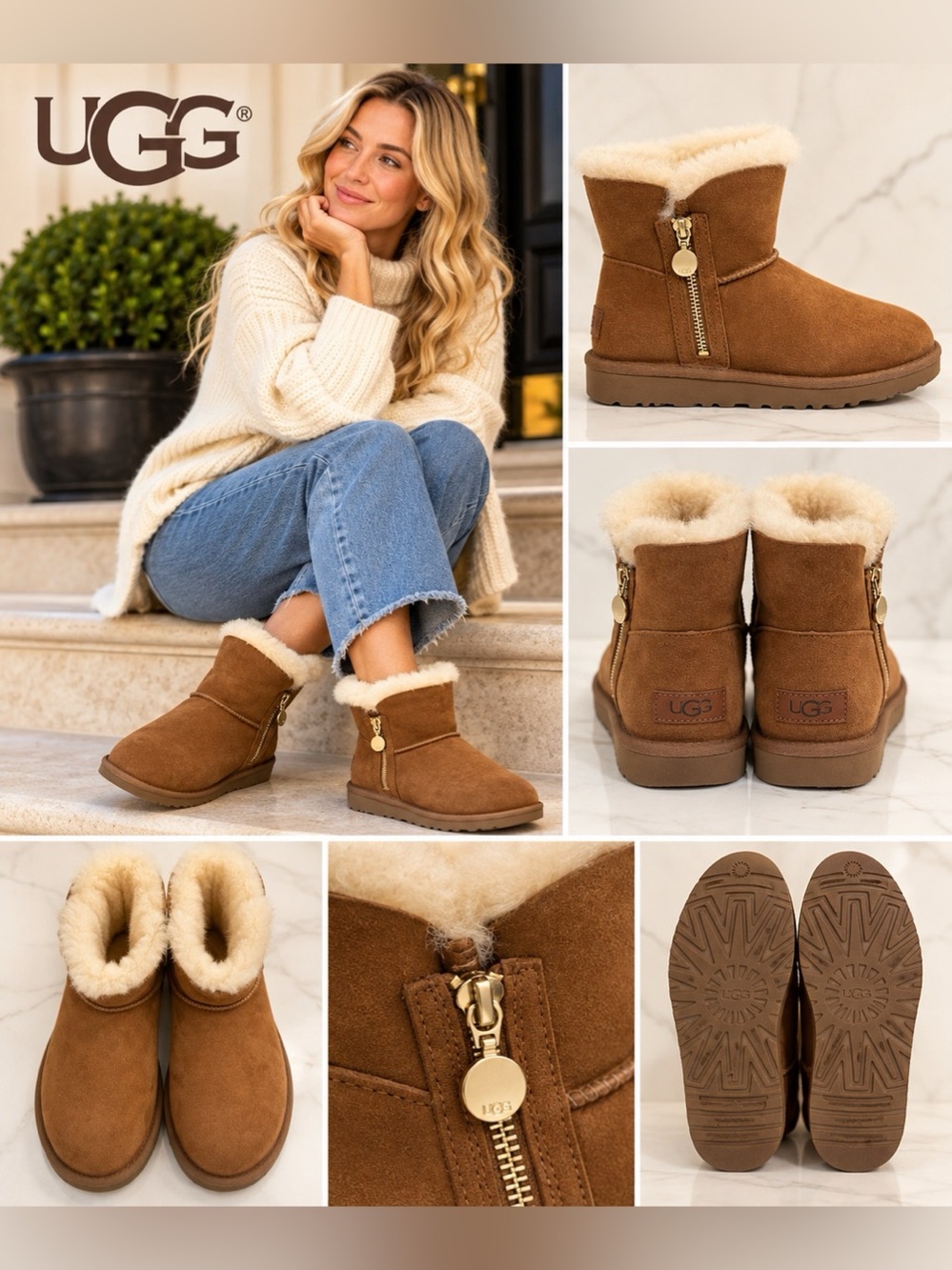 UGG Classic Mini Side Zip Side Zip Boots in Brown US 8